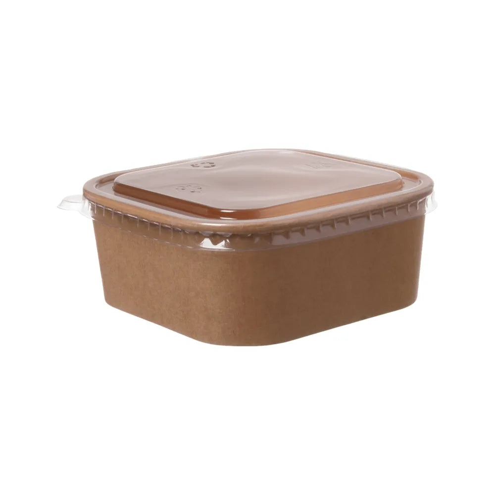 Bowlschale aus Papier inkl. recyceltem PET-Deckel, PE-Beschichtung, quadratisch, braun - 500ml