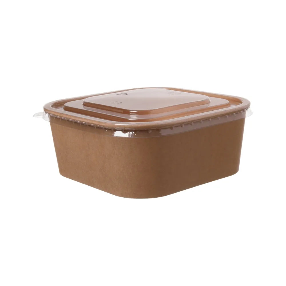 Bowlschale aus Papier inkl. recyceltem PET-Deckel, PE-Beschichtung, quadratisch, braun - 1250ml