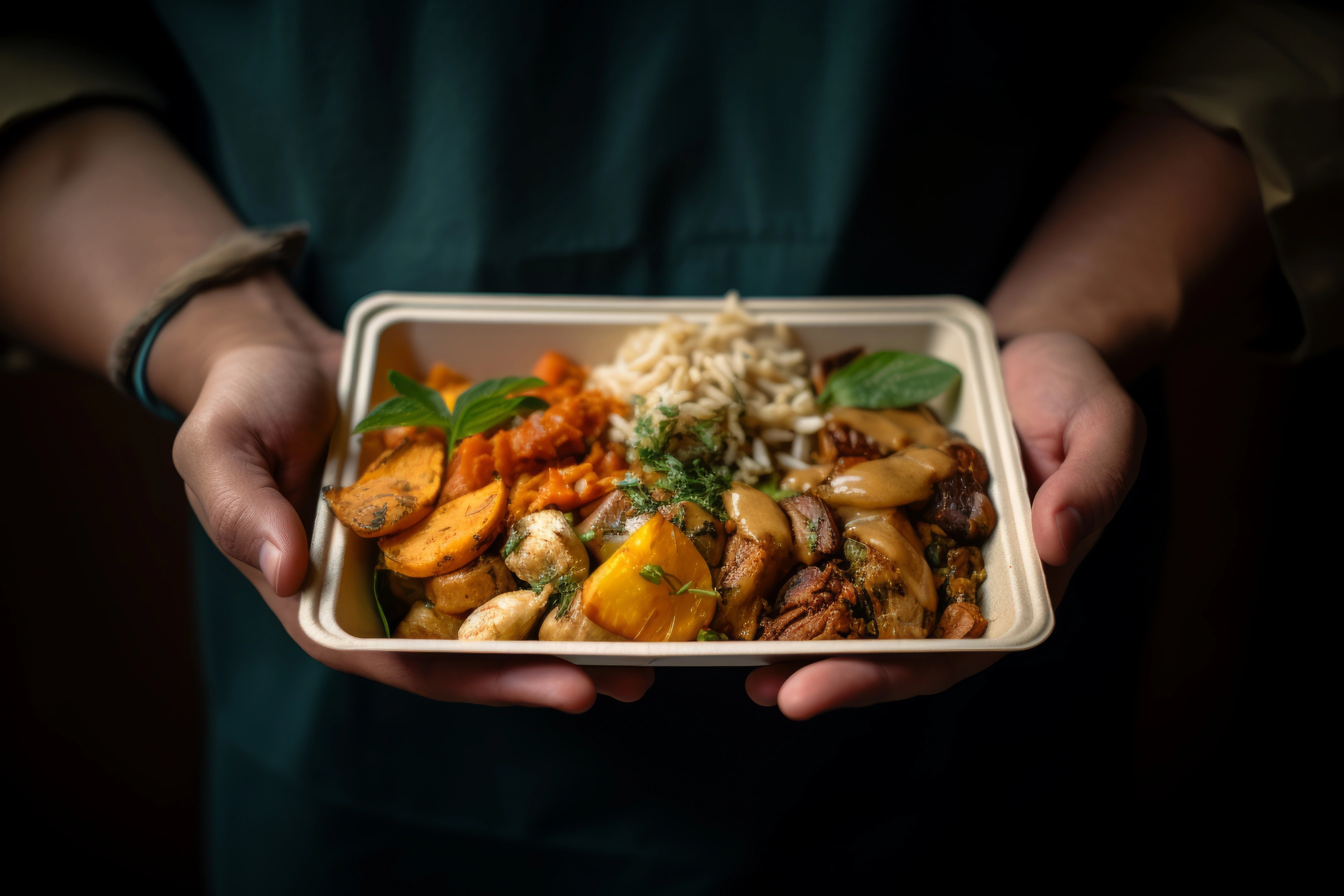 Mann präsentiert leckeres Essen in einer schicken Menüschale.