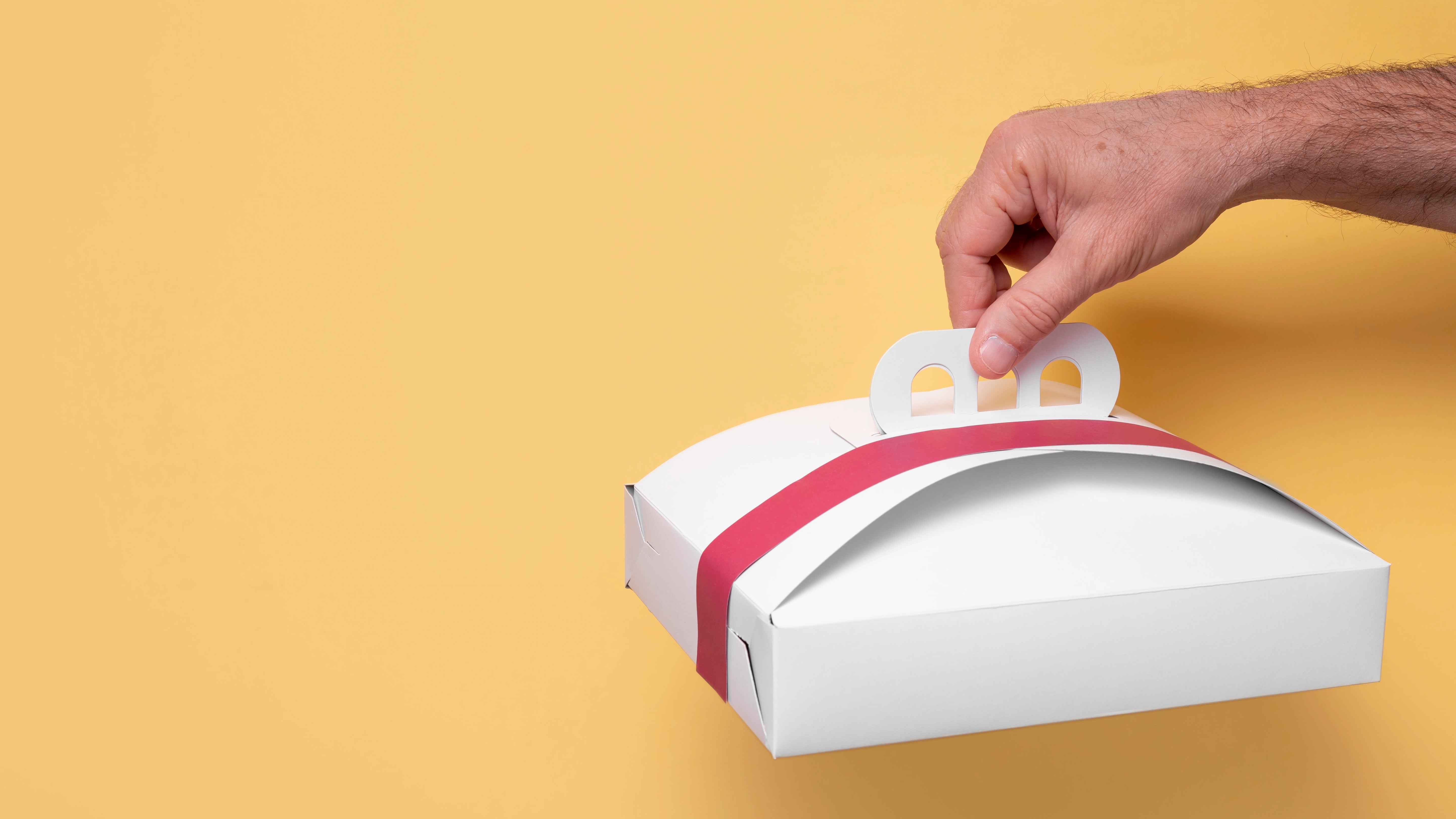 Nachhaltiger Tortenkarton vor neutralem Hintergrund.